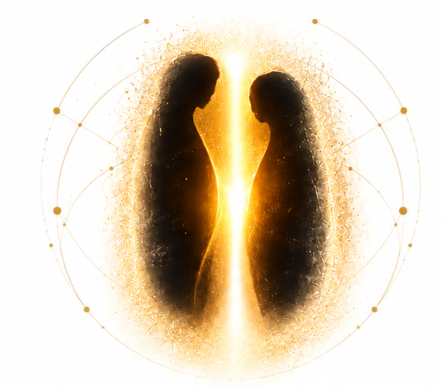 Two people with a luminous field between them